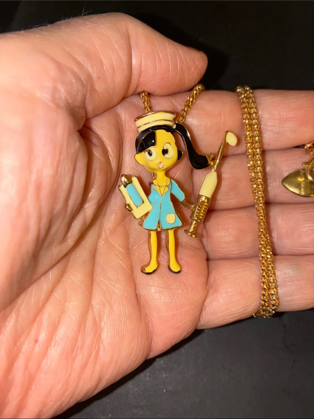 Nurse Necklace/Brooch Pin with Yellow and Blue Enamel